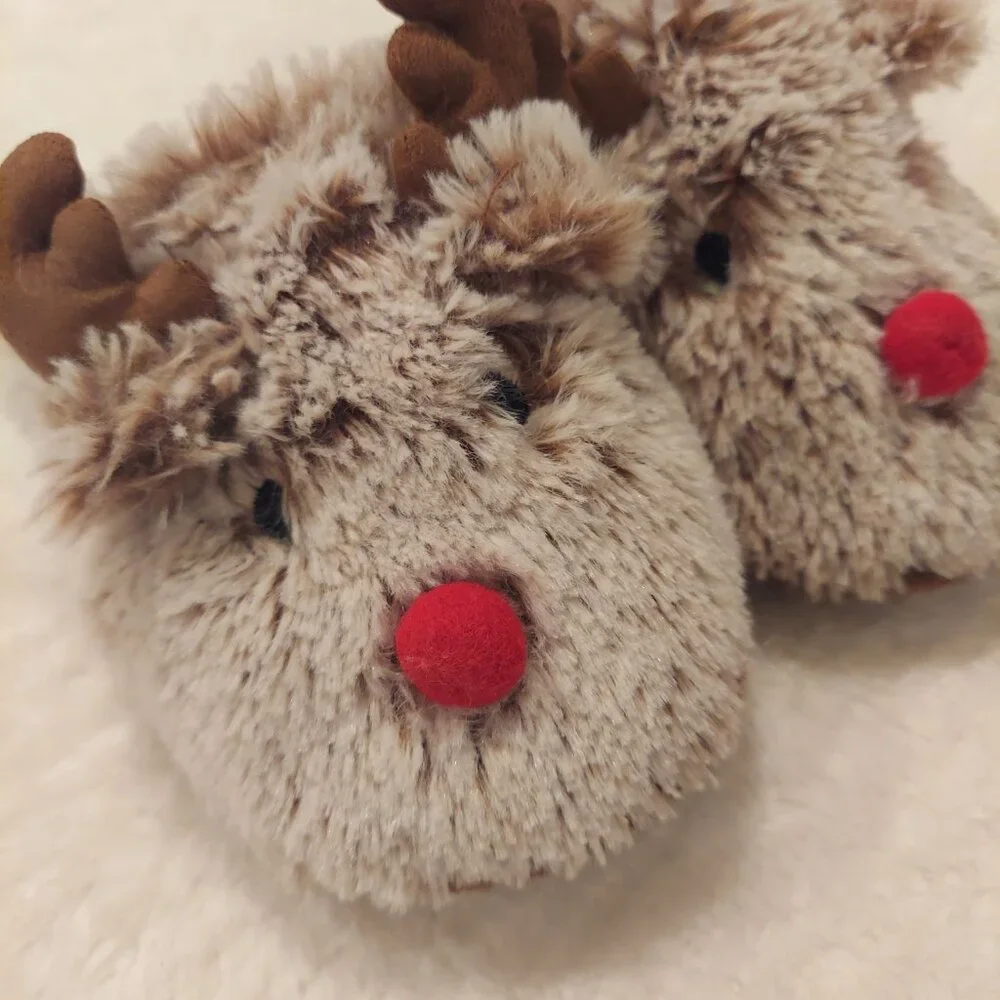 Kids Fuzzy Reindeer/Moose Slippers with Red Plaid Lining Size 9-10